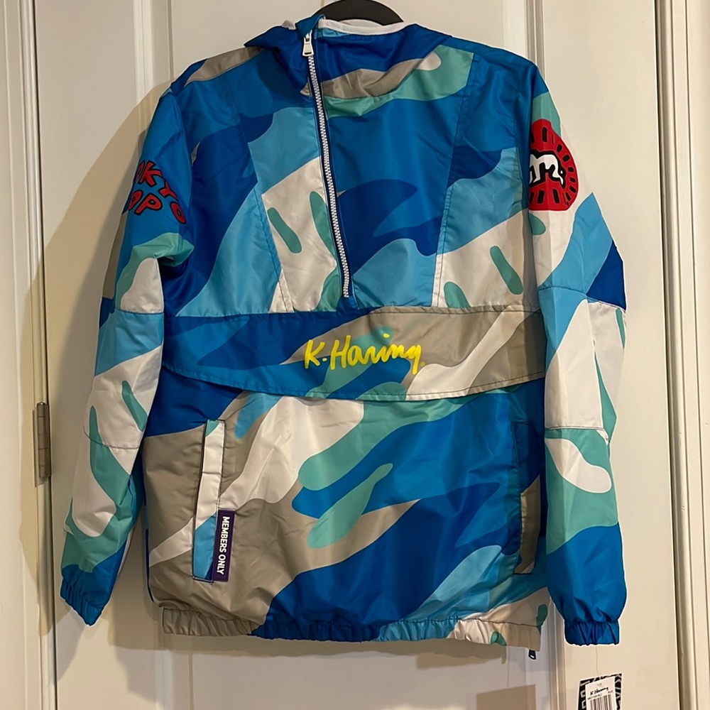 NWT Keith Haring x Members Only 1/4 ZIP Hooded Windbreaker jacket Tokyo Pop Camo